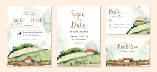 wedding invitation set with hill landscape watercolor background - obrazy, fototapety, plakaty