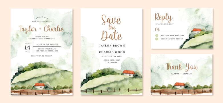 wedding invitation set with hill landscape watercolor background