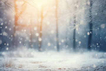 Blurred Winter Landscape with Snowflakes Dancing.