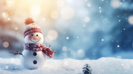 Panoramic view of happy snowman . copy space for your text