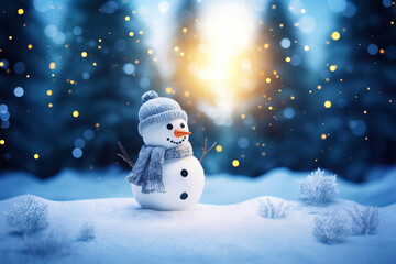 Frosty Festivities. Lively Snowman Portrait in the Winter Forest Landscape.