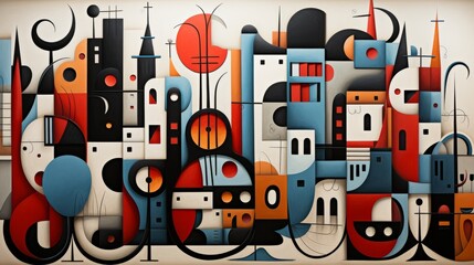 Obraz premium A mesmerizing painting of a bustling city, adorned with a musical instrument and intricate graphics, captured in a poster-like art form, evoking the harmonious fusion of music and visual expression