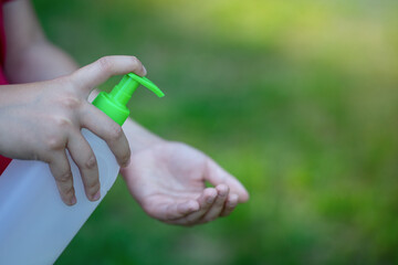 Antibacterial hand washing soap. Sanitizer for skin disinfection. Disinfection