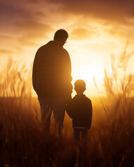 Silhueta pai e filho de mãos dadas no por do sol - Papel de parede tema dia dos pais - obrazy, fototapety, plakaty