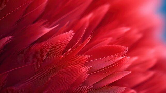 A close up of a red feathery bird with blue background, AI