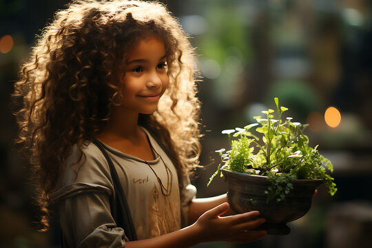 a girl holds a young plant in her hands in the forest, on a spring green background. Ecology concept