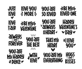 Valentine Day Vector Hand Lettering Set. Love Holiday Quotes for Valentines Day. I Love You, Love is in the Air, You are the Best, Take my Heart Quotes.