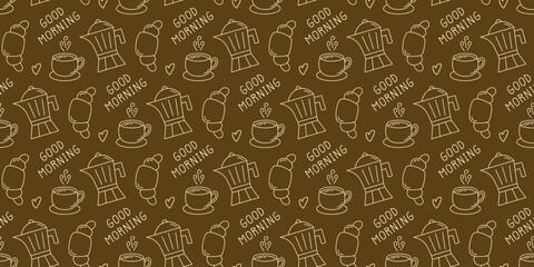 Seamless Pattern with Coffee Elements. Tea, Hot Beverage, Coffee Pot and Croissant Hand Drawn Doodle Backdrop. Cup of Coffee Background Drawing with Phrase Good Morning.