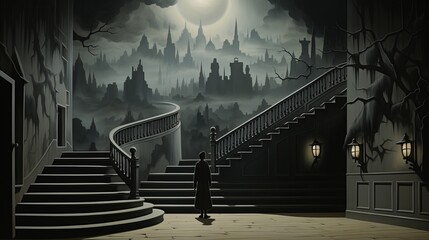 Obraz premium Lost in the misty haze, a lone figure ascends the stairs, unsure of where they lead