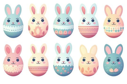 Multi-colored illustration of Easter bunnies in form eggs in pastel color with spring pattern. Collection set isolated on white background. Generative Ai