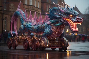 An exciting parade of dragons. A magnificent dragon riding through the streets of the city