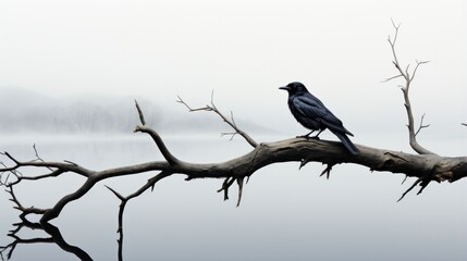 A solitary raven perched on a foggy branch, silhouetted against the grey sky, its piercing gaze surveying the tranquil outdoor world of nature - Powered by Adobe