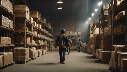 Indian factory or warehouse workers. Working in an industrial goods warehouse or transport company. Basement room with wooden pits, shelves, pallets and various cardboard boxes on it - obrazy, fototapety, plakaty