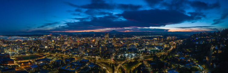 Portland Downtown Skyline at Sunrise from Goose Hollow looking at Mt. Hood 