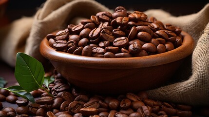 Obraz premium An aromatic blend of kona coffee and kapeng barako beans fill the air, as a lush plant sits among the indoor oasis of coffee beans and cocoa beans in a decorative bowl