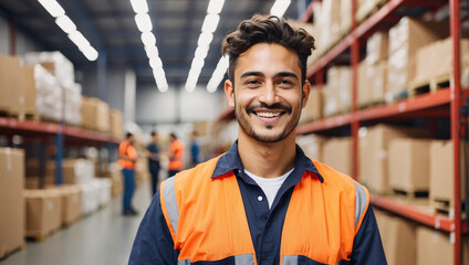 Portrait of cheerful warehouse worker against of modern warehouse interior. Warehouse for storage, further delivery retail stores. Shelves are filled with numerous boxes awaiting next destination - obrazy, fototapety, plakaty