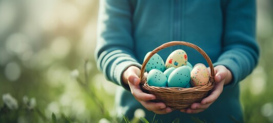 Easter holiday celebration banner greeting card - Closeup of young boy child standing in a meadow, holding a basket with painted easter eggs