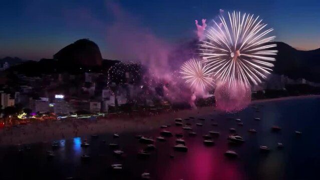Shots and explosions of colorful fireworks on the background of the city and the sea. A short video of colorful New Year's fireworks.