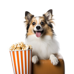 Dog with popcorn excited for TV or cinema, popcorn for pet, Isolated on Transparent Background, PNG