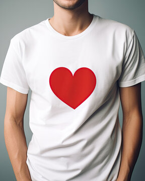 Man wearing white shirt with red heart printed on it. Generative Ai