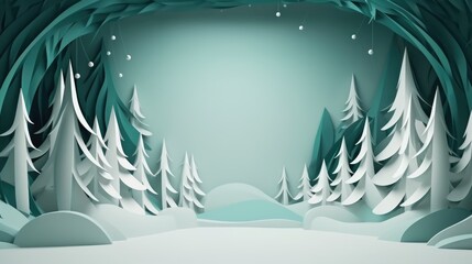 Minimal scene with paper art Christmas tree podium. Trendy showcase background social media banners, promotion, cosmetic product show. White blue forest artwork mockup for winter season. Empty space. - Powered by Adobe