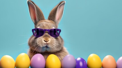 Funny easter concept holiday animal celebration greeting card - Cool cute little easter bunny, rabbit with sunglasses on a table with many colorful painted esater eggs, isolated on blue background - obrazy, fototapety, plakaty