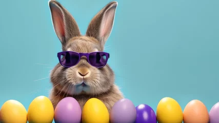 Poster Funny easter concept holiday animal celebration greeting card - Cool cute little easter bunny, rabbit with sunglasses on a table with many colorful painted esater eggs, isolated on blue background © Corri Seizinger