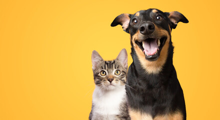 Black and brown dog and cat portrait together on yellow background isolated - obrazy, fototapety, plakaty