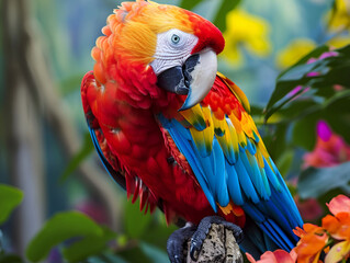 Obraz premium Colorful portrait of Amazon red macaw parrot against jungle. 
