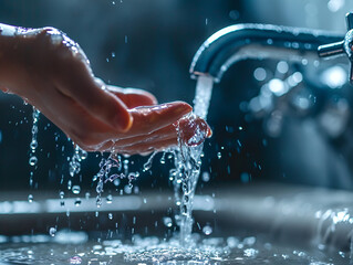 hand holding water from the tap - obrazy, fototapety, plakaty