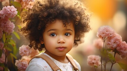 Adorable little child with flowers and spring easter background. Happy biracial baby with baby animal kitten and sweet smile. Cute toddler outdoor seasonal holiday portrait. - obrazy, fototapety, plakaty