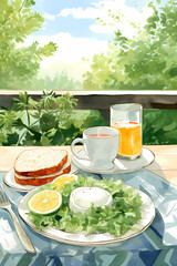 green tea in the garden, breakfast, organic, salads, healthy foods, Generative AI