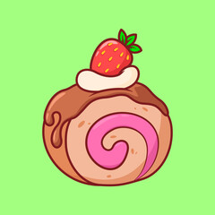 Vector cute Chocolate roll with strawberries illustration cartoon doodle flat colorful line art vector design isolated object icon