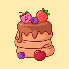 Vector cute Chocolate covered pancake with strawberries, cherries, raspberries and blueberries illustration cartoon doodle flat colorful line art vector design isolated object icon