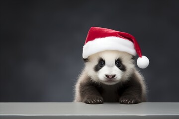 Cute panda in a red hat leans on a table
