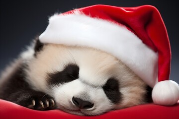 Cute panda sleeps in a Christmas red hat