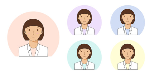 Collection of portraits of women with light and dark skin for profile avatars. Portrait of a woman chemist, researcher, laboratory assistant, doctor.