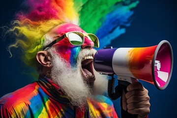 a colorful man with colorful hair and a gray beard shouting into a megaphone.