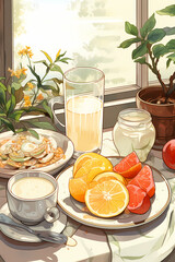 breakfast, American breakfast, fresh orange juice, fruits, Generative AI