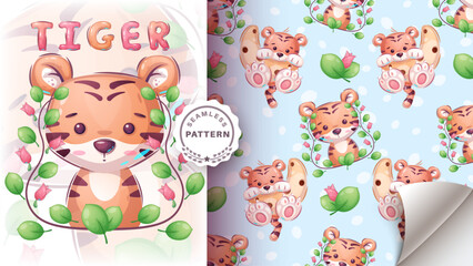 Seamless pattern cartoon character tiger, pretty animal idea for print t-shirt, poster and kids envelope, postcard. Cute hand drawn style tiger.