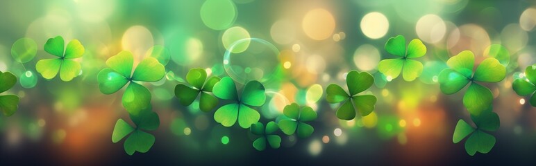 Abstract decorative festive green background with a bokeh effect with three-leaf and four-leaf clover for St. Patrick's Day. - obrazy, fototapety, plakaty