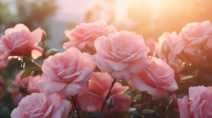 A close-up of dew-kissed roses at dawn.