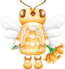 gnome is dressed as a cute and lively bee with pigtails and a sunflower on his back.
