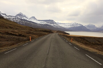 View on a road in in the north of island, in the region of Norĭurland eystra.