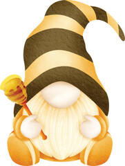 cheerful gnome holds a ladle of honey. His striped hat blends with the summer vibes.