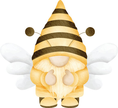 cute gnome has bee wings and wears a bee hat, cute gnome for summer and spring