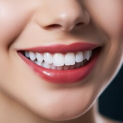Fototapeta premium Smile of young girl with perfect white teeth close-up. Dental care concept, professional cleaning, whitening. Dentistry, beautiful smile