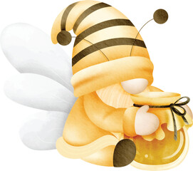 gnome wears a bee hat and holds a jar of honey. cute gnome for spring and summer