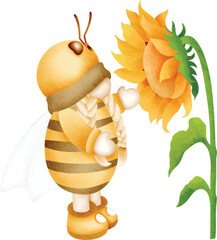 Cheerful gnome bee and towering sunflower, cute gnome for summer