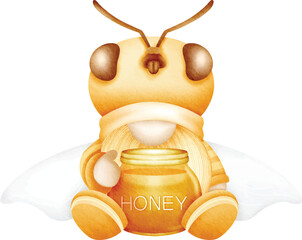 Cheerful bee gnome holding a jar of honey, cute gnome for summer and spring